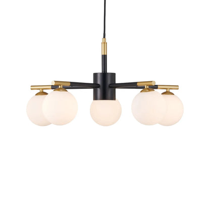 White Glass Orb 5 Light Pendant Ceiling Light with Black & Gold Metal Frame – Modern Pendant for Contemporary Interiors 120x55x55cm | Click Style