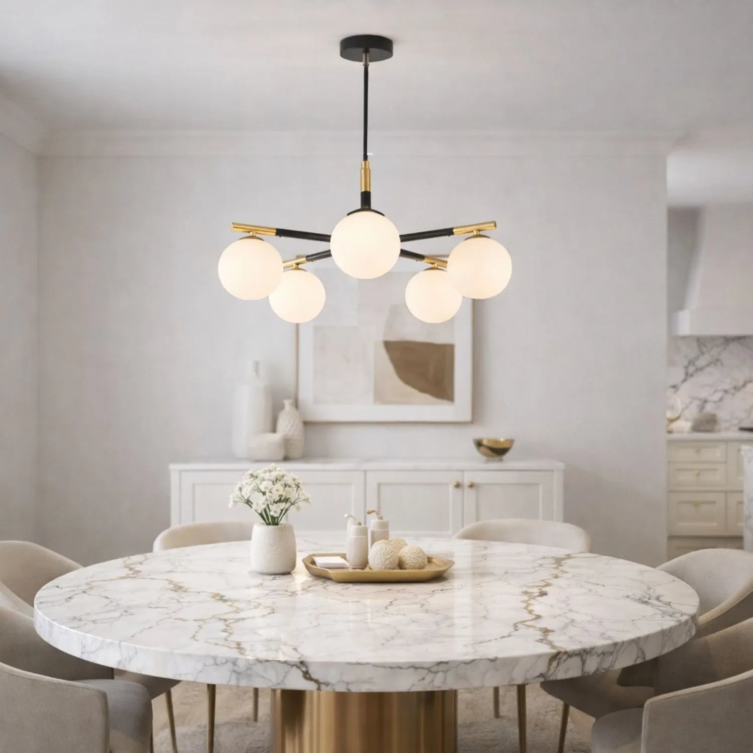 White Glass Orb 5 Light Pendant Ceiling Light with Black & Gold Metal Frame – Modern Pendant for Contemporary Interiors 120x55x55cm | Click Style
