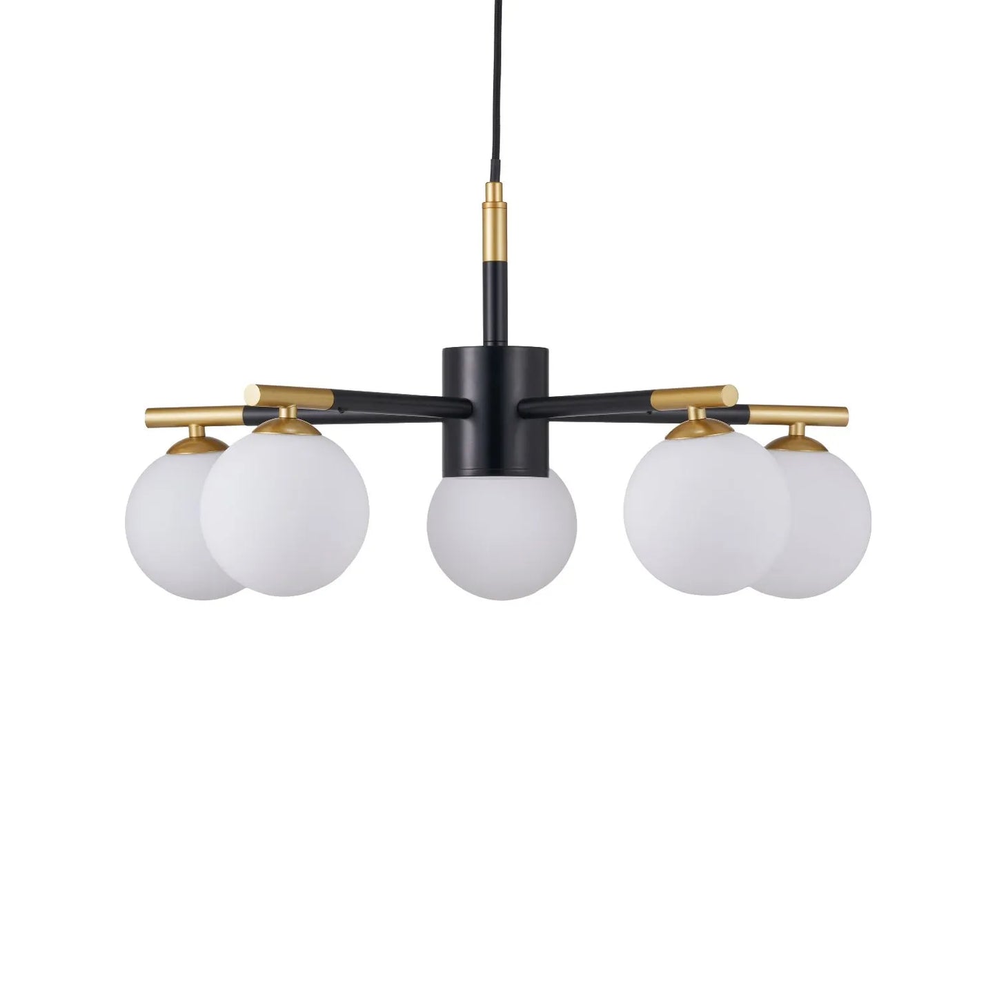 White Glass Orb 5 Light Pendant Ceiling Light with Black & Gold Metal Frame – Modern Pendant for Contemporary Interiors 120x55x55cm | Click Style