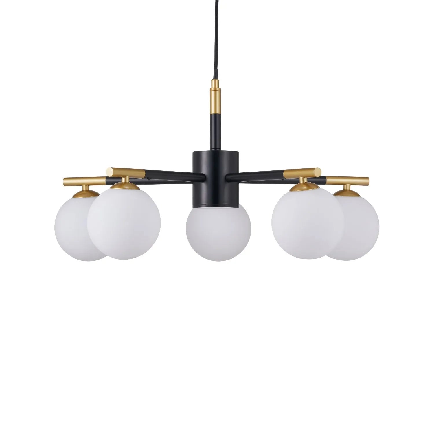 White Glass Orb 5 Light Pendant Ceiling Light with Black & Gold Metal Frame – Modern Pendant for Contemporary Interiors 120x55x55cm | Click Style