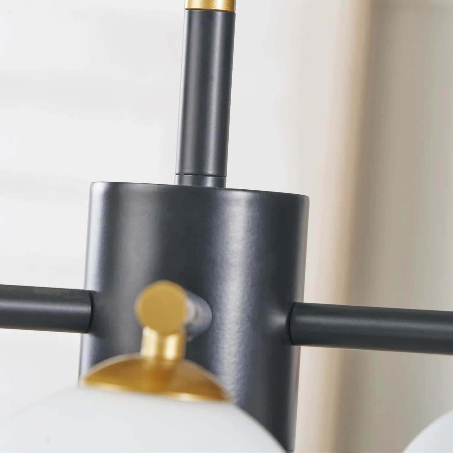 White Glass Orb 5 Light Pendant Ceiling Light with Black & Gold Metal Frame – Modern Pendant for Contemporary Interiors 120x55x55cm | Click Style