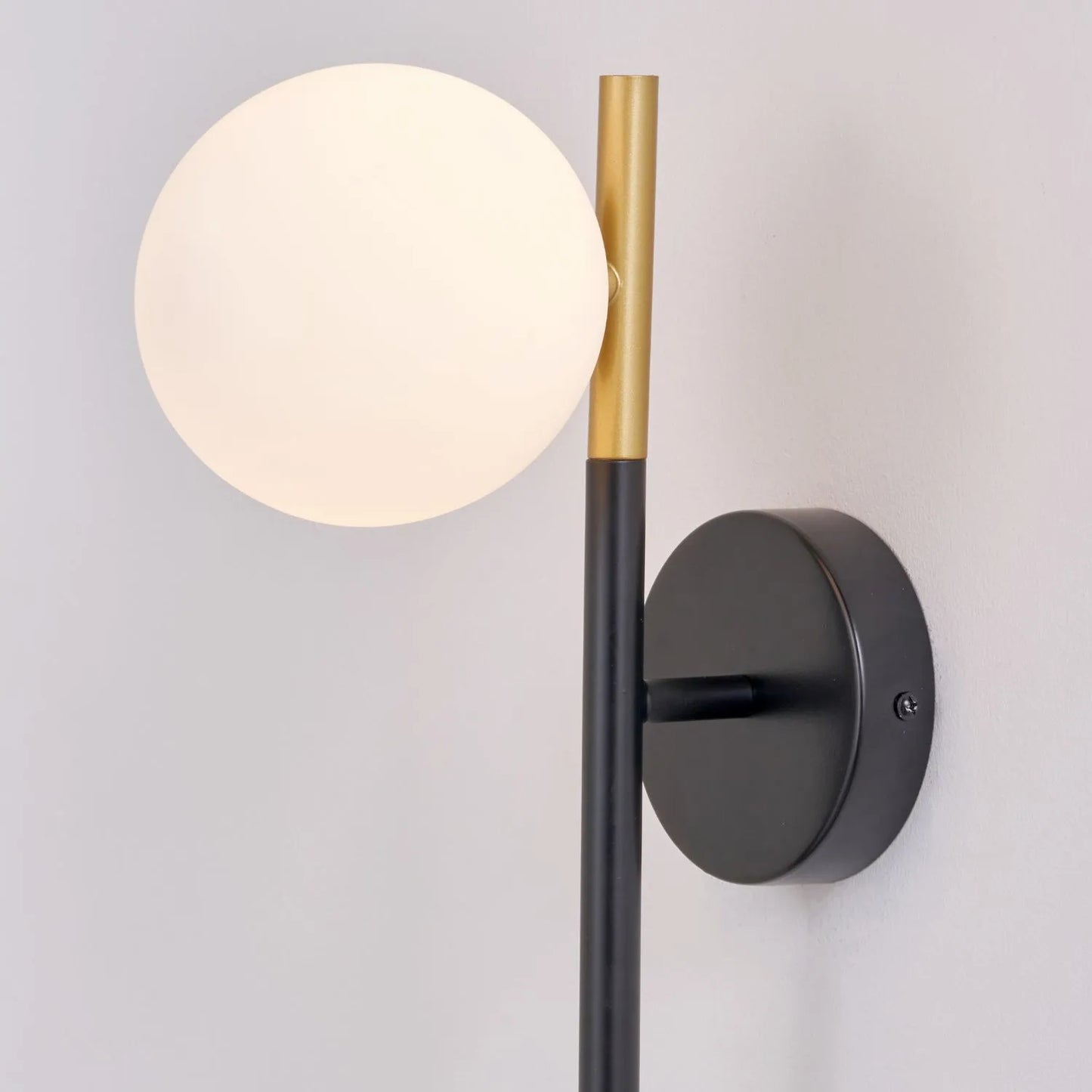 White Glass Orb Shade with Black & Gold Metal Wall Light – Modern Wall Light for Contemporary Interiors 35x11x21cm | Click Style