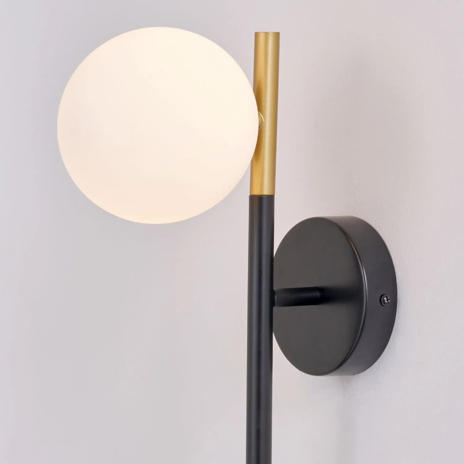 White Glass Orb Shade with Black & Gold Metal Wall Light – Modern Wall Light for Contemporary Interiors 35x11x21cm | Click Style