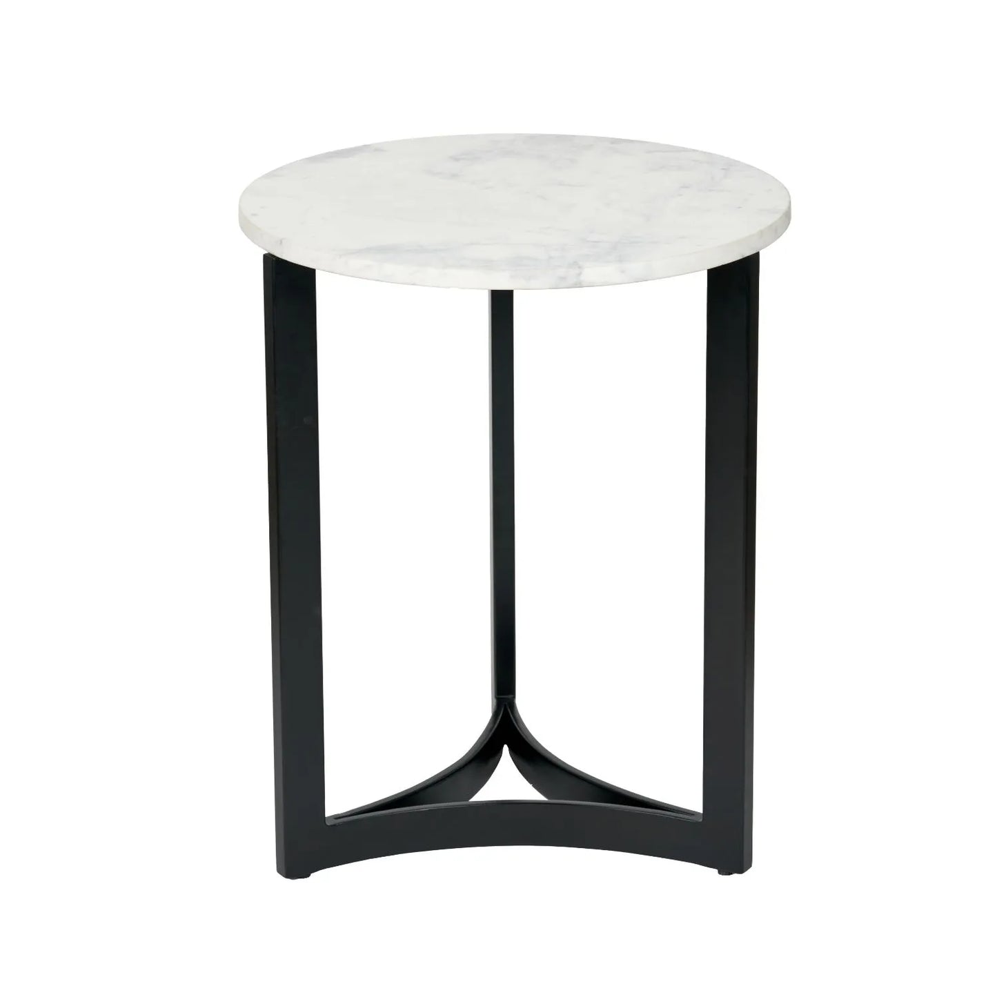 White Marble & Black Metal Side Table with Curved Triangular Base - Modern Round Accent Table 56x46cm - Click Style