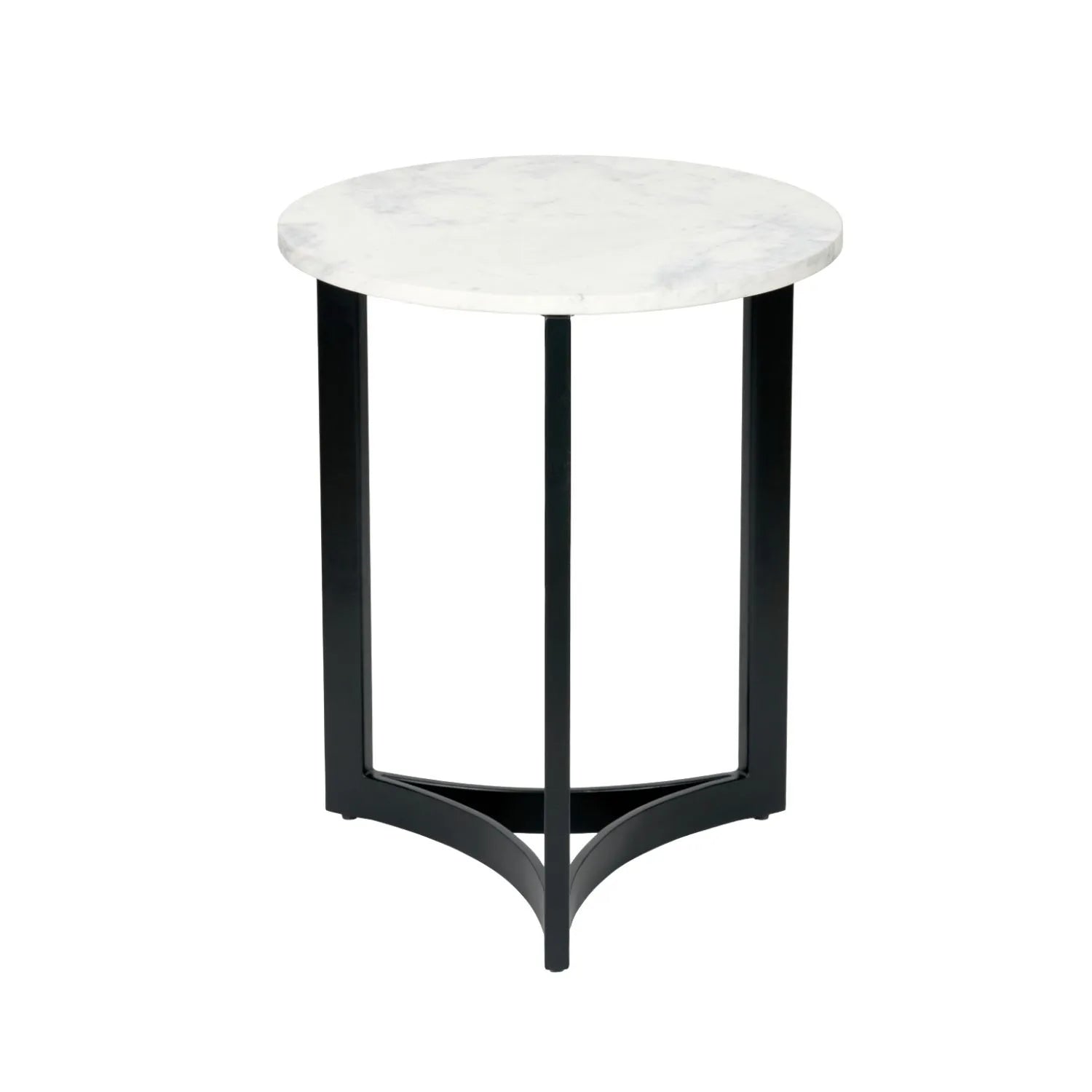 White Marble & Black Metal Side Table with Curved Triangular Base - Modern Round Accent Table 56x46cm - Click Style