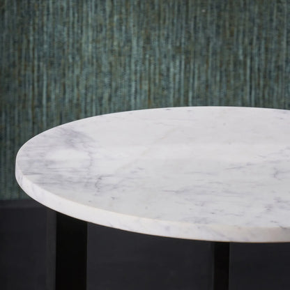 White Marble & Black Metal Side Table with Curved Triangular Base - Modern Round Accent Table 56x46cm - Click Style