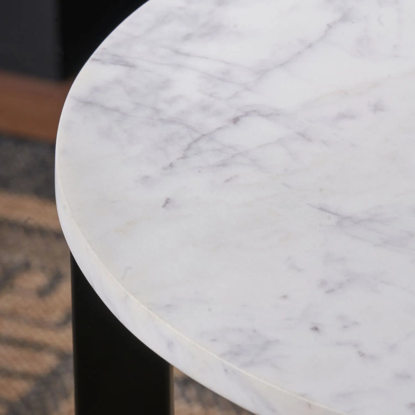 White Marble & Black Metal Side Table with Curved Triangular Base - Modern Round Accent Table 56x46cm - Click Style