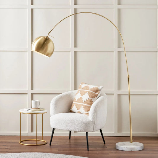 White Marble & Brushed Brass Metal Arc Floor Lamp – Floor-Standing Adjustable Lamp with Movable Head 175x135cm - Click Style