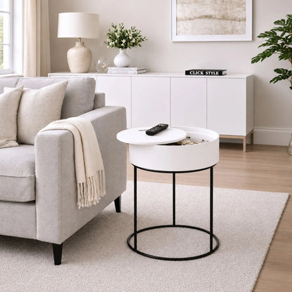 White Metal & Wood Side Table with Storage & Removable Lid – Round Bedside or End Table 51.5x38cm - Click Style