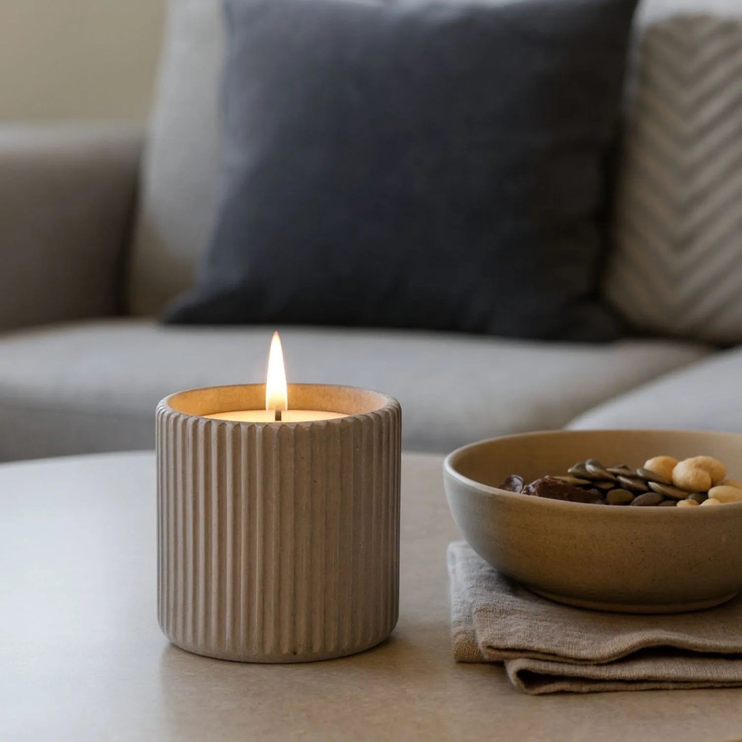 White Real Wax LED Candle In Dark Grey Ribbed Concrete Pot With Realistic Flickering Flame – Battery Operated Flameless Decorative Light 9x9x9cm | Click Style