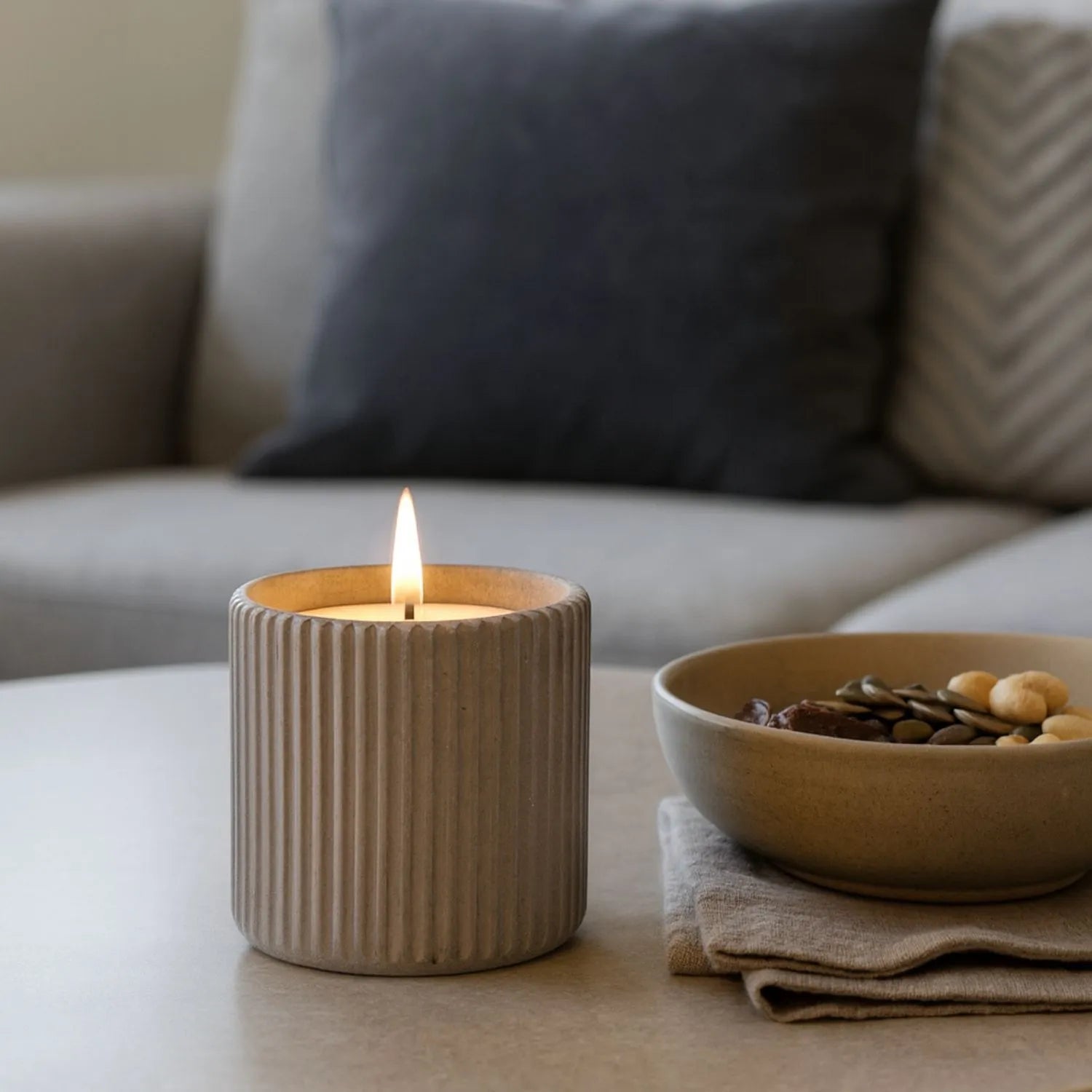 White Real Wax LED Candle In Dark Grey Ribbed Concrete Pot With Realistic Flickering Flame – Battery Operated Flameless Decorative Light 9x9x9cm | Click Style