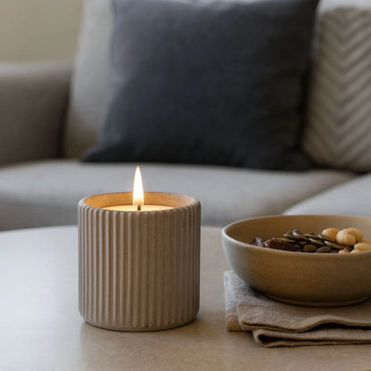 White Real Wax LED Candle In Dark Grey Ribbed Concrete Pot With Realistic Flickering Flame – Battery Operated Flameless Decorative Light 9x9x9cm | Click Style