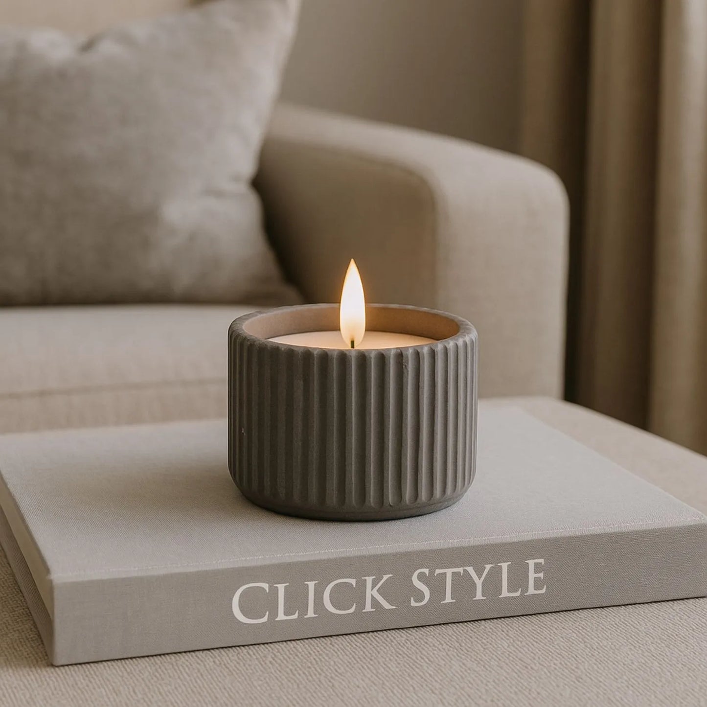White Real Wax LED Candle In Dark Grey Ribbed Concrete Pot With Realistic Flickering Flame – Battery Operated Flameless Decorative Light 8x8x8cm | Click Style