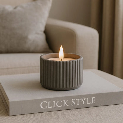 White Real Wax LED Candle In Dark Grey Ribbed Concrete Pot With Realistic Flickering Flame – Battery Operated Flameless Decorative Light 8x8x8cm | Click Style