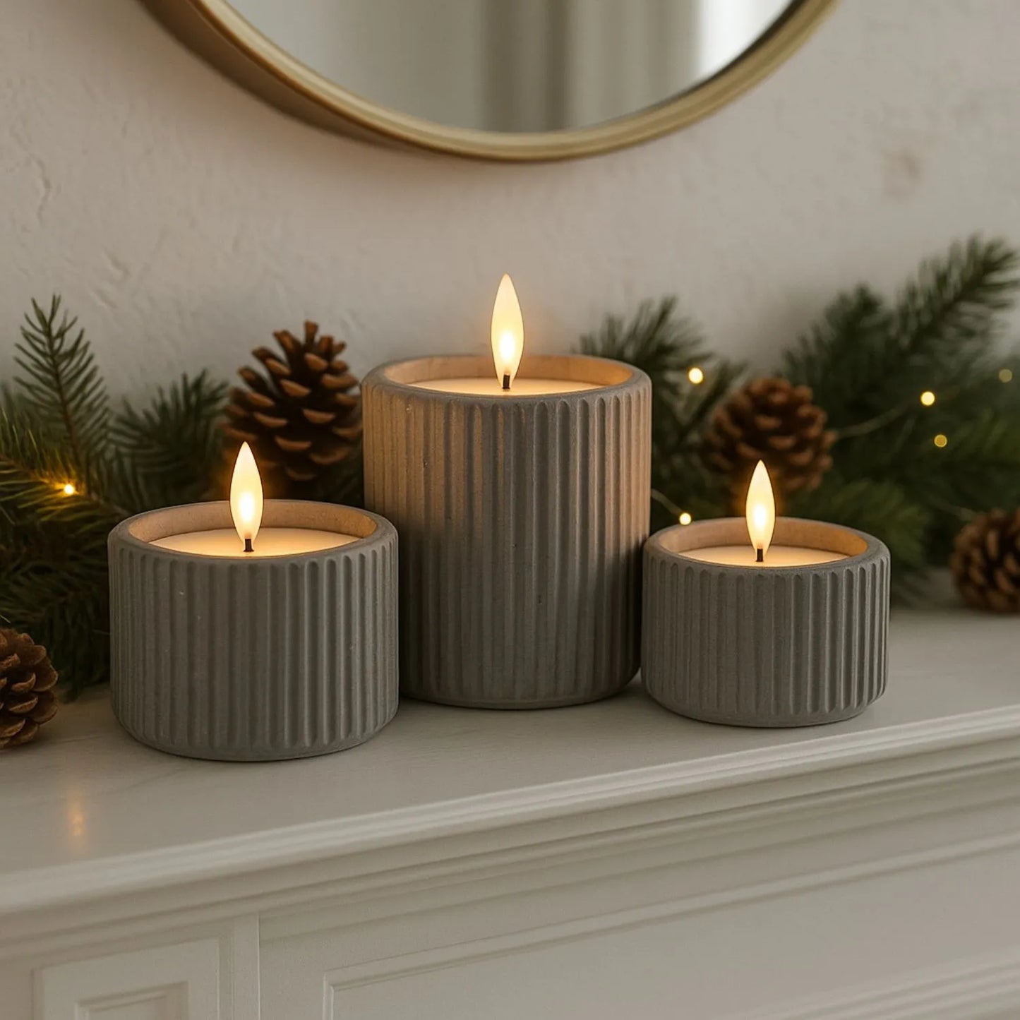 White Real Wax LED Candle In Dark Grey Ribbed Concrete Pot With Realistic Flickering Flame – Battery Operated Flameless Decorative Light 8x8x8cm | Click Style