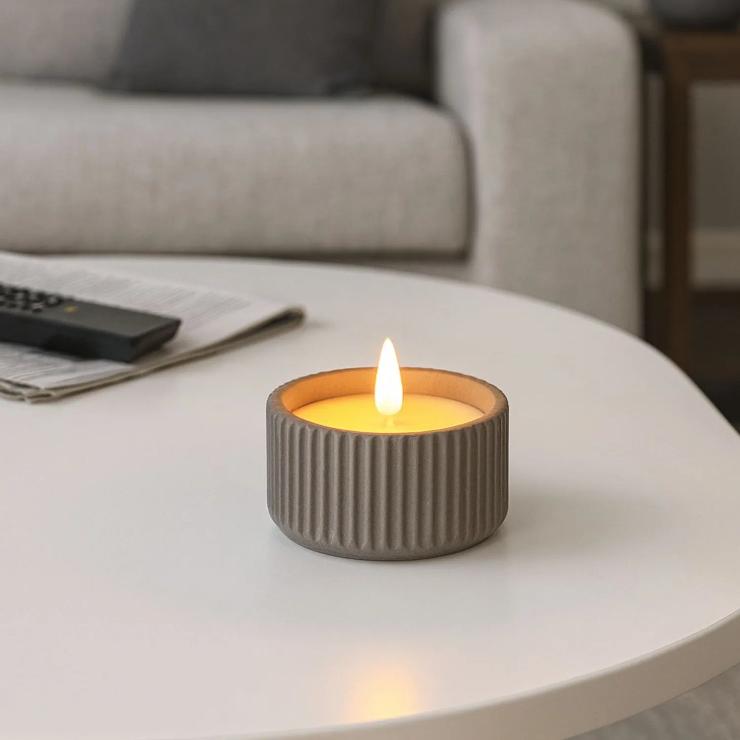 White Real Wax LED Candle In Dark Grey Ribbed Concrete Pot With Realistic Flickering Flame – Battery Operated Flameless Decorative Light 5x5x5cm | Click Style