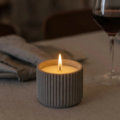 White Real Wax LED Candle In Dark Grey Ribbed Concrete Pot With Realistic Flickering Flame – Battery Operated Flameless Decorative Light 8x8x8cm | Click Style