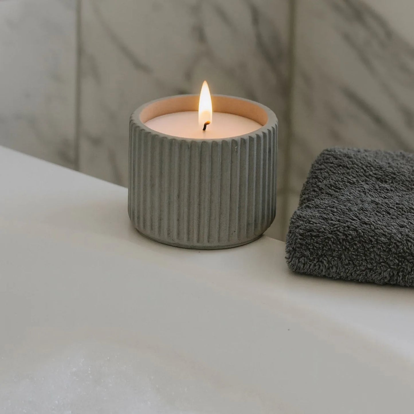 White Real Wax LED Candle In Dark Grey Ribbed Concrete Pot With Realistic Flickering Flame – Battery Operated Flameless Decorative Light 8x8x8cm | Click Style