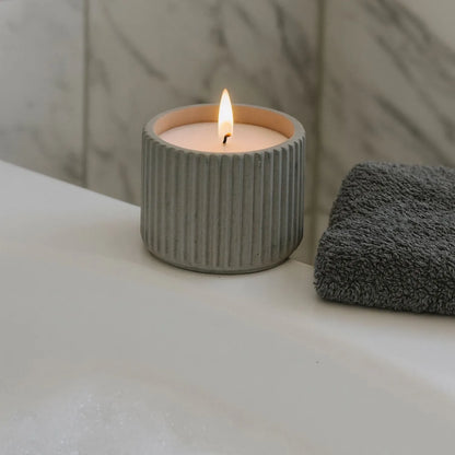 White Real Wax LED Candle In Dark Grey Ribbed Concrete Pot With Realistic Flickering Flame – Battery Operated Flameless Decorative Light 8x8x8cm | Click Style