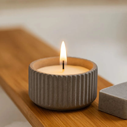 White Real Wax LED Candle In Dark Grey Ribbed Concrete Pot With Realistic Flickering Flame – Battery Operated Flameless Decorative Light 5x5x5cm | Click Style