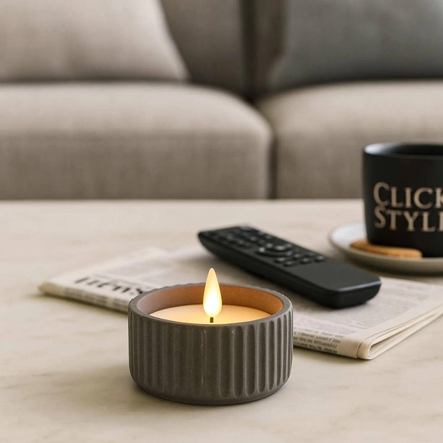 White Real Wax LED Candle In Dark Grey Ribbed Concrete Pot With Realistic Flickering Flame – Battery Operated Flameless Decorative Light 5x5x5cm | Click Style