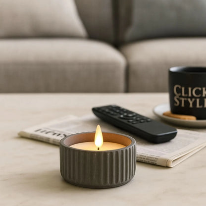 White Real Wax LED Candle In Dark Grey Ribbed Concrete Pot With Realistic Flickering Flame – Battery Operated Flameless Decorative Light 5x5x5cm | Click Style
