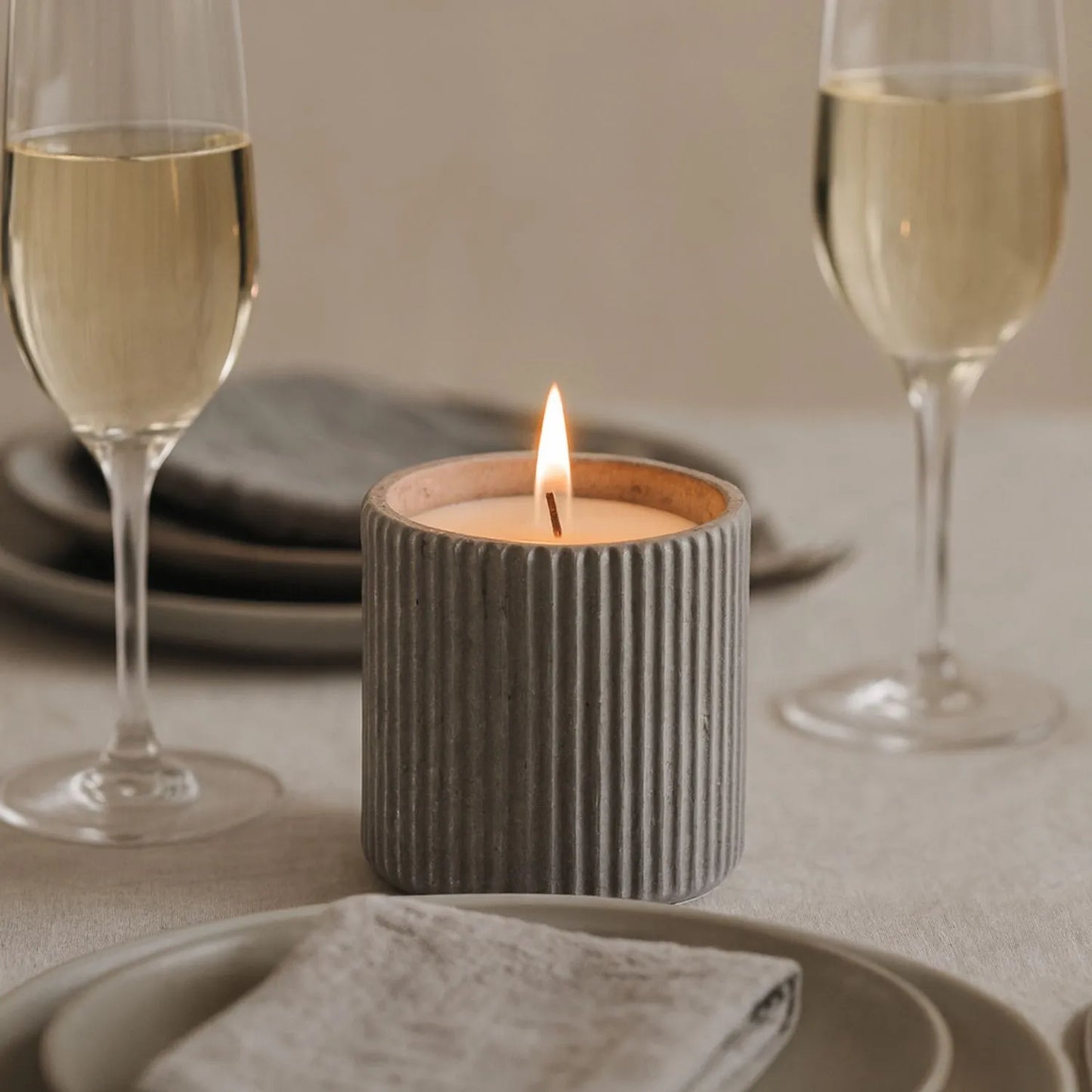 White Real Wax LED Candle In Dark Grey Ribbed Concrete Pot With Realistic Flickering Flame – Battery Operated Flameless Decorative Light 9x9x9cm | Click Style