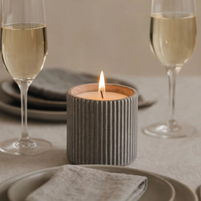 White Real Wax LED Candle In Dark Grey Ribbed Concrete Pot With Realistic Flickering Flame – Battery Operated Flameless Decorative Light 9x9x9cm | Click Style