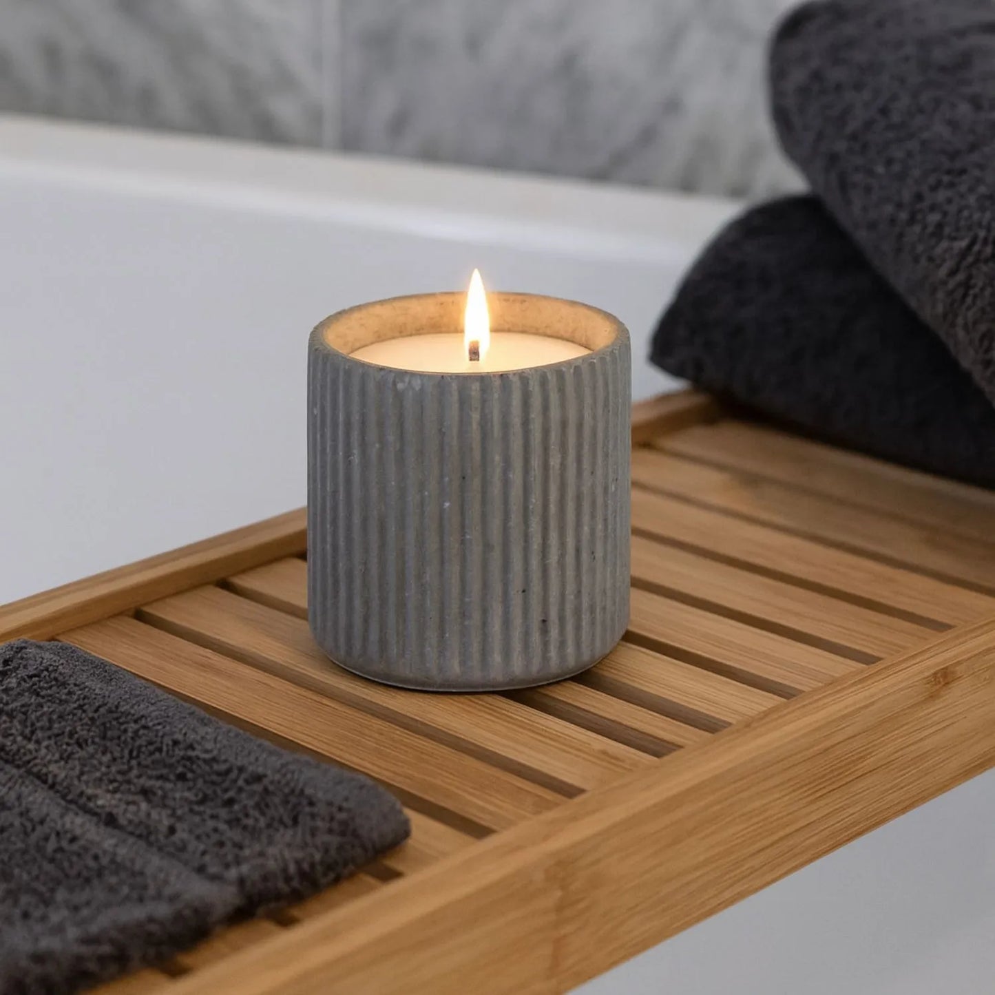 White Real Wax LED Candle In Dark Grey Ribbed Concrete Pot With Realistic Flickering Flame – Battery Operated Flameless Decorative Light 9x9x9cm | Click Style