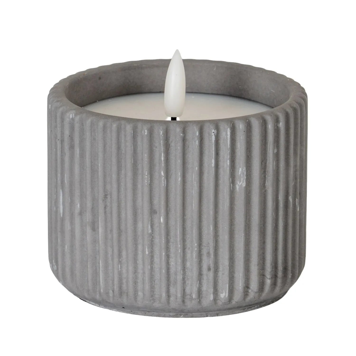White Real Wax LED Candle In Dark Grey Ribbed Concrete Pot With Realistic Flickering Flame – Battery Operated Flameless Decorative Light 8x8x8cm | Click Style