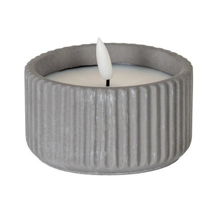White Real Wax LED Candle In Dark Grey Ribbed Concrete Pot With Realistic Flickering Flame – Battery Operated Flameless Decorative Light 5x5x5cm | Click Style
