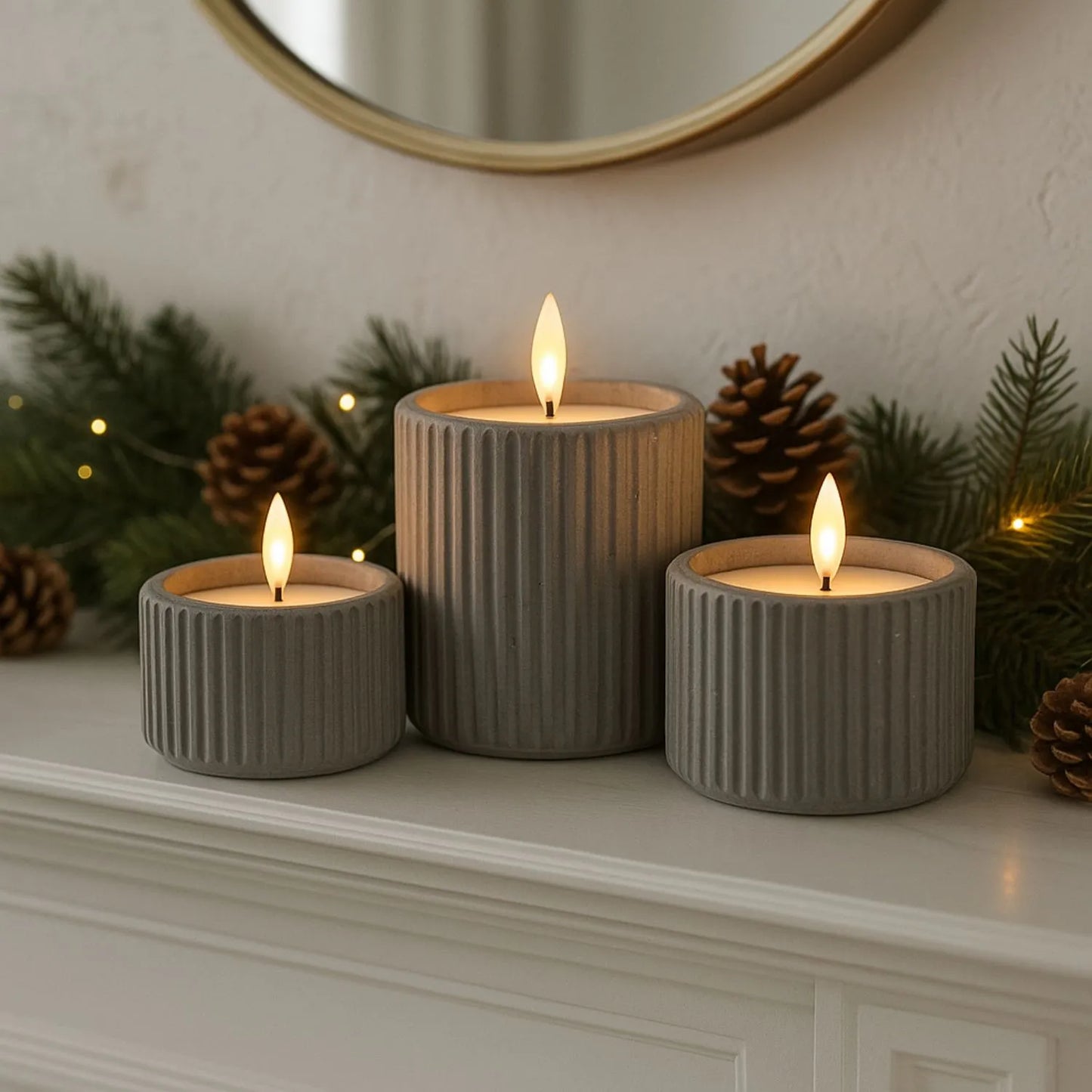 White Real Wax LED Candle In Dark Grey Ribbed Concrete Pot With Realistic Flickering Flame – Battery Operated Flameless Decorative Light 5x5x5cm | Click Style