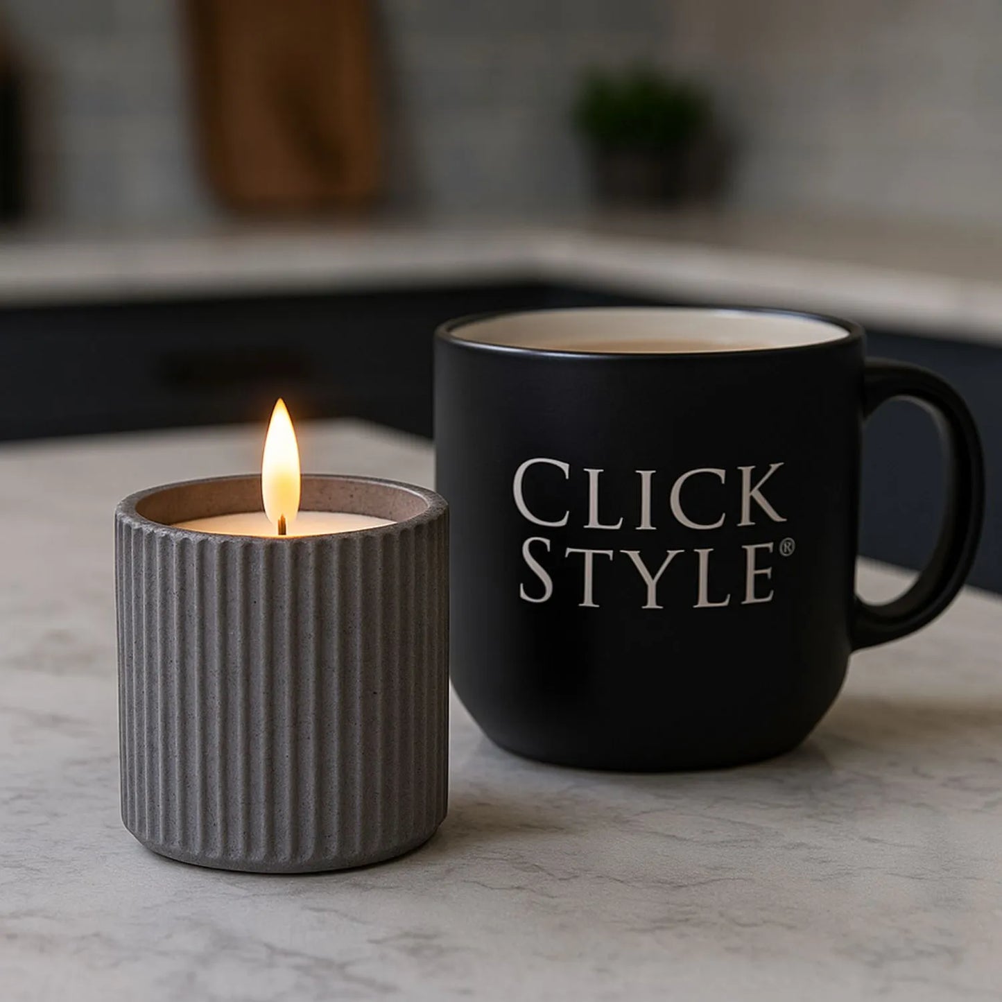 White Real Wax LED Candle In Dark Grey Ribbed Concrete Pot With Realistic Flickering Flame – Battery Operated Flameless Decorative Light 9x9x9cm | Click Style