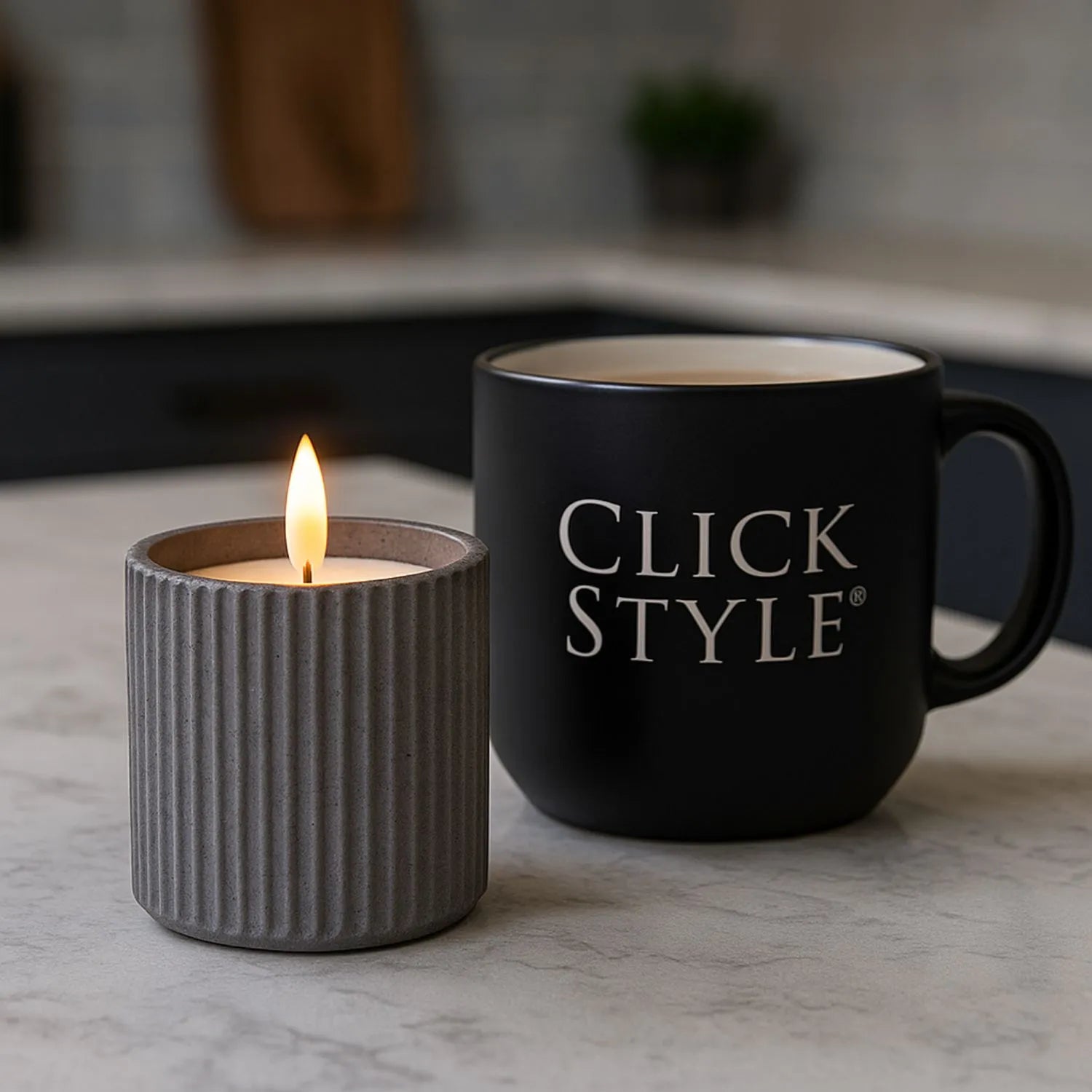 White Real Wax LED Candle In Dark Grey Ribbed Concrete Pot With Realistic Flickering Flame – Battery Operated Flameless Decorative Light 9x9x9cm | Click Style