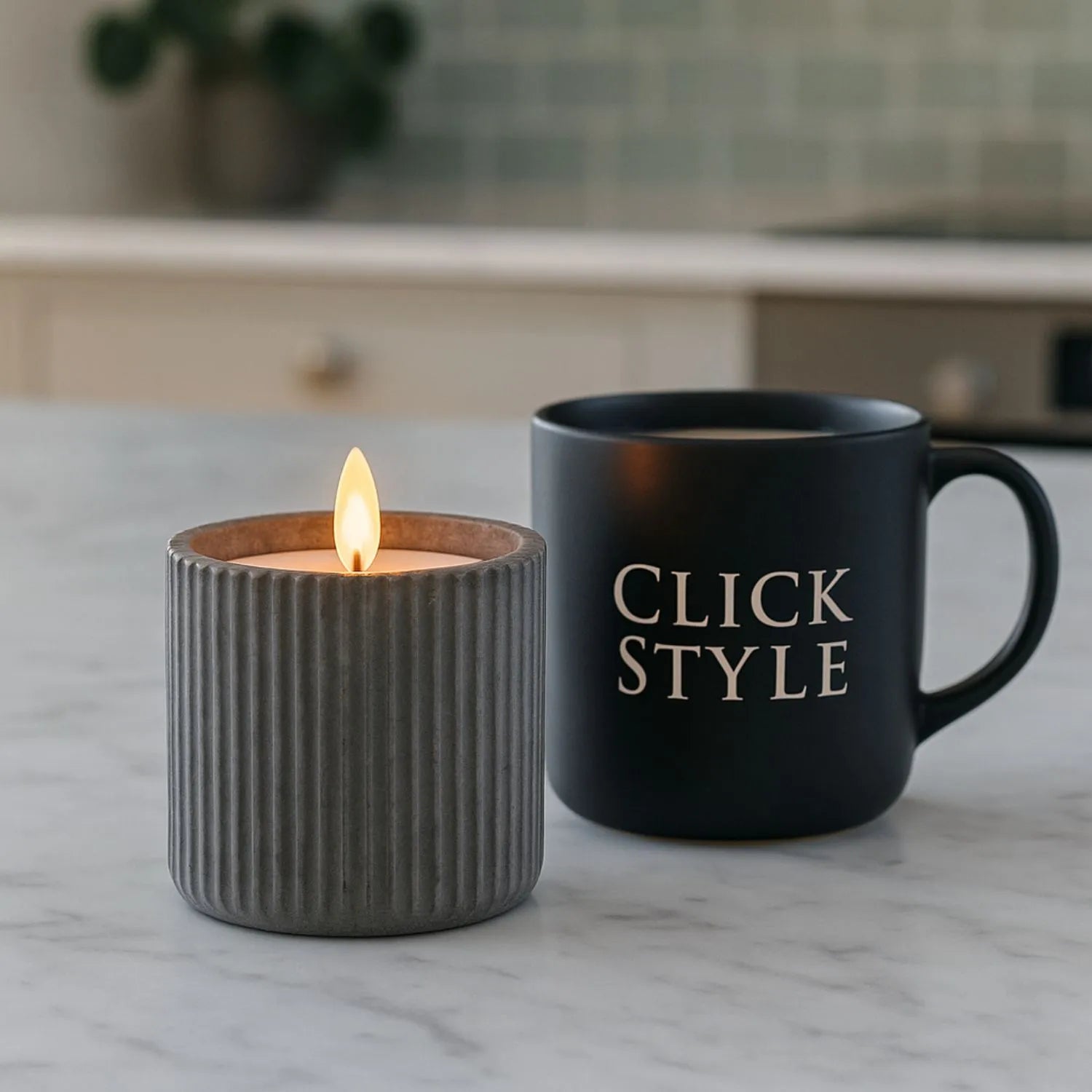 White Real Wax LED Candle In Dark Grey Ribbed Concrete Pot With Realistic Flickering Flame – Battery Operated Flameless Decorative Light 9x9x9cm | Click Style