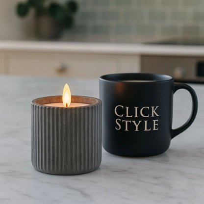 White Real Wax LED Candle In Dark Grey Ribbed Concrete Pot With Realistic Flickering Flame – Battery Operated Flameless Decorative Light 9x9x9cm | Click Style