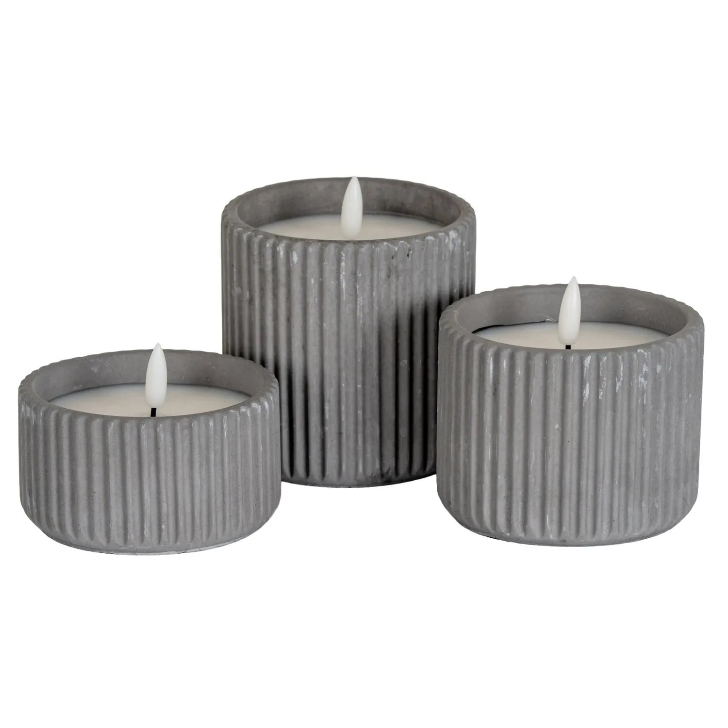 White Real Wax LED Candle In Dark Grey Ribbed Concrete Pot With Realistic Flickering Flame – Battery Operated Flameless Decorative Light 5x5x5cm | Click Style