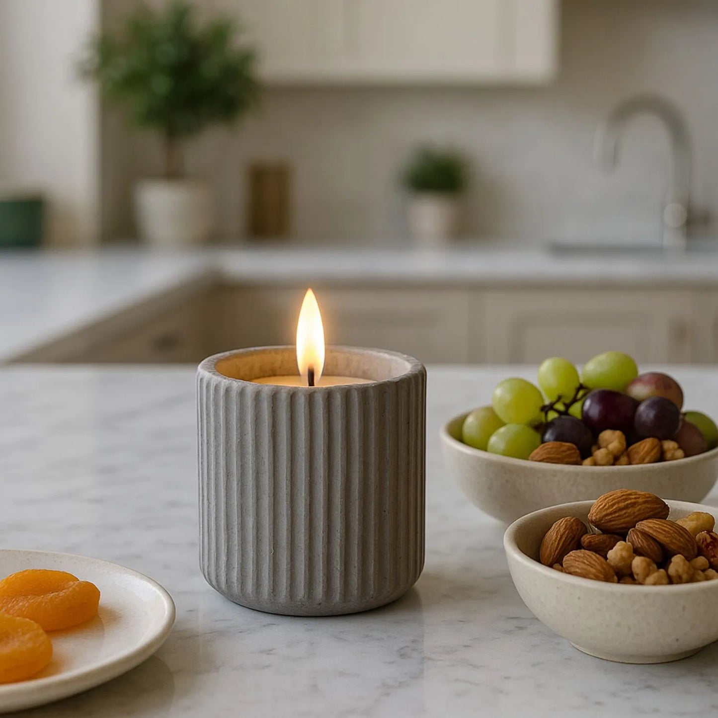White Real Wax LED Candle In Dark Grey Ribbed Concrete Pot With Realistic Flickering Flame – Battery Operated Flameless Decorative Light 9x9x9cm | Click Style