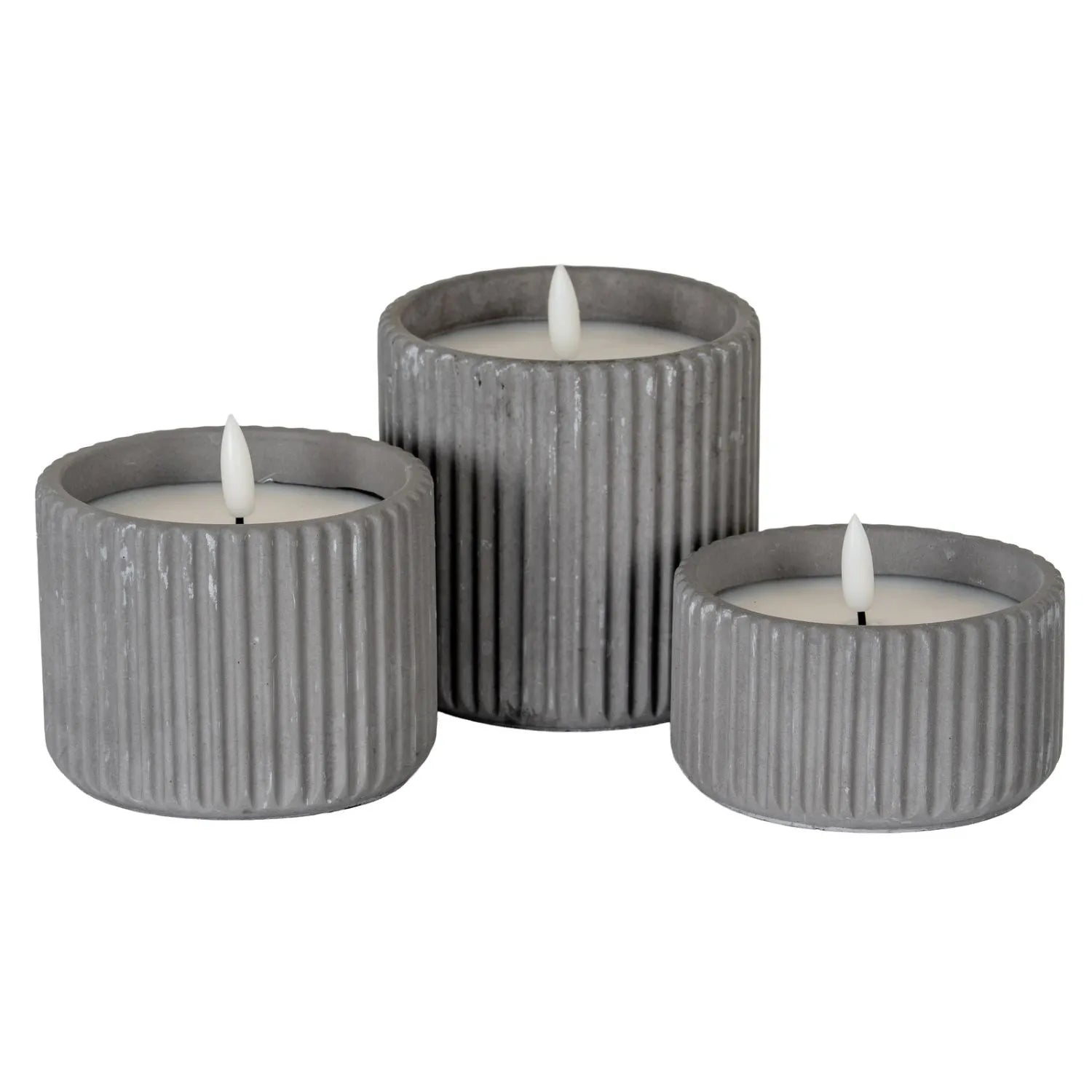 White Real Wax LED Candle In Dark Grey Ribbed Concrete Pot With Realistic Flickering Flame – Battery Operated Flameless Decorative Light 9x9x9cm | Click Style