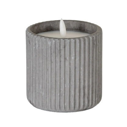 White Real Wax LED Candle In Dark Grey Ribbed Concrete Pot With Realistic Flickering Flame – Battery Operated Flameless Decorative Light 9x9x9cm | Click Style