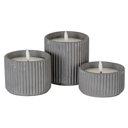 White Real Wax LED Candle In Dark Grey Ribbed Concrete Pot With Realistic Flickering Flame – Battery Operated Flameless Decorative Light 8x8x8cm | Click Style
