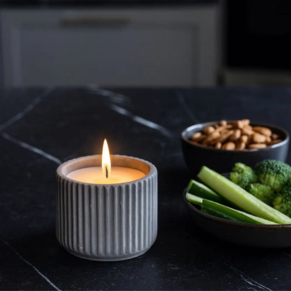 White Real Wax LED Candle In Dark Grey Ribbed Concrete Pot With Realistic Flickering Flame – Battery Operated Flameless Decorative Light 8x8x8cm | Click Style
