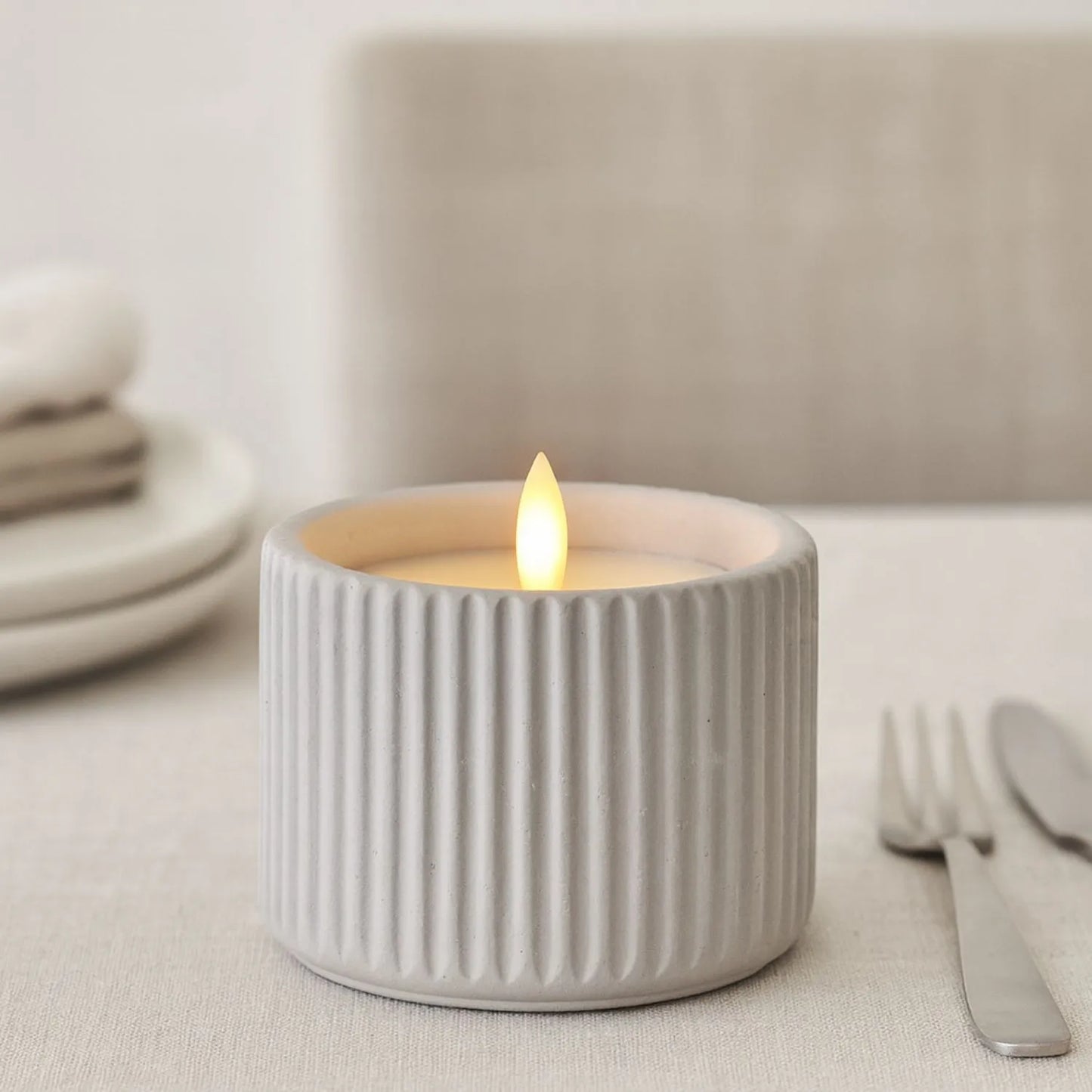 White Real Wax LED Candle in Light Grey Ribbed Concrete Pot with Realistic Flickering Flame – Battery Operated Flameless Decorative Light 8x8x8cm | Click Style