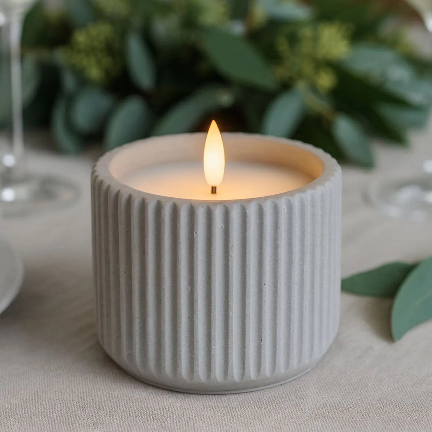 White Real Wax LED Candle in Light Grey Ribbed Concrete Pot with Realistic Flickering Flame – Battery Operated Flameless Decorative Light 8x8x8cm | Click Style