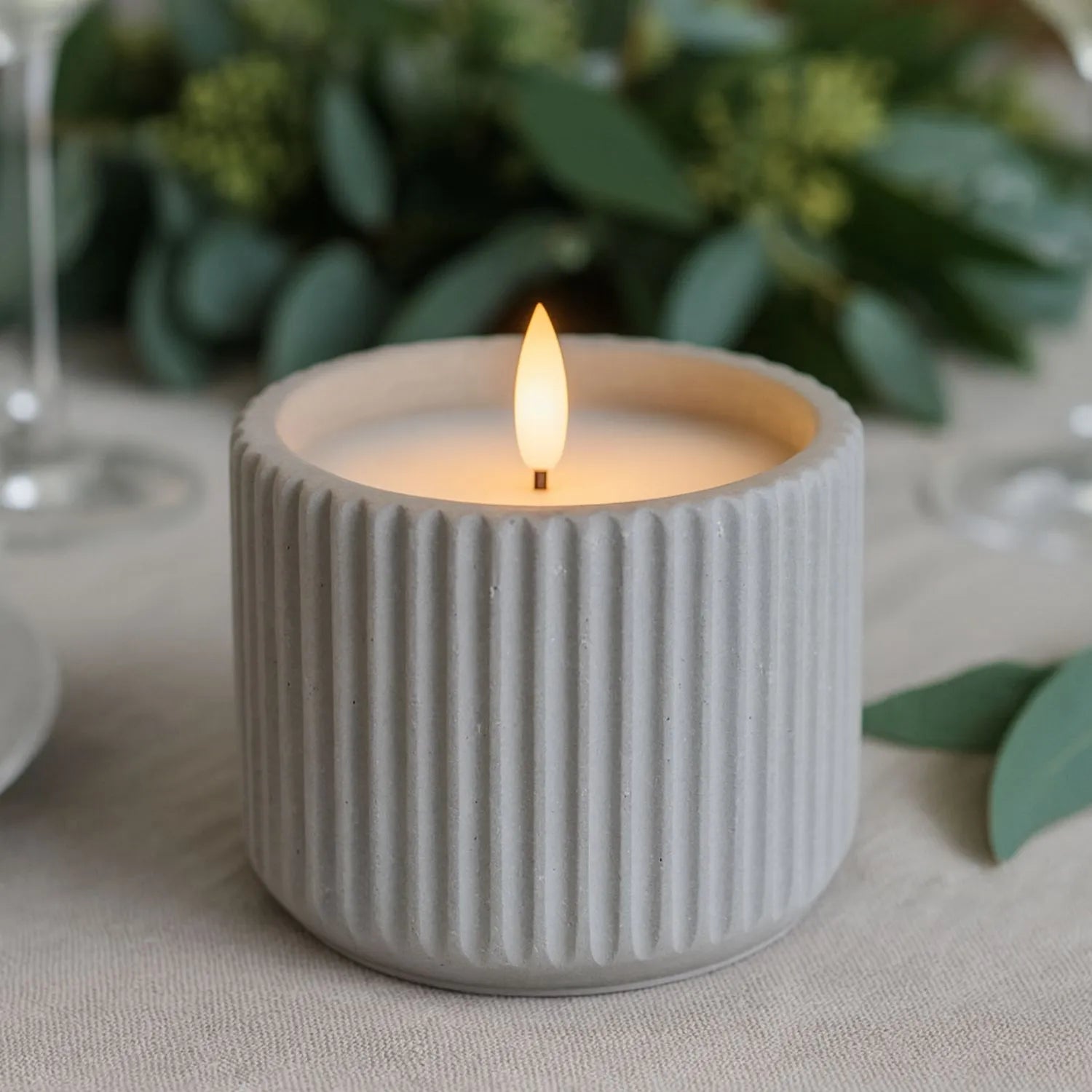 White Real Wax LED Candle in Light Grey Ribbed Concrete Pot with Realistic Flickering Flame – Battery Operated Flameless Decorative Light 8x8x8cm | Click Style