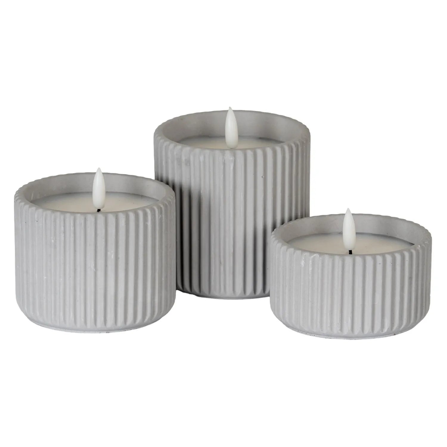 White Real Wax LED Candle in Light Grey Ribbed Concrete Pot with Realistic Flickering Flame – Battery Operated Flameless Decorative Light 8x8x8cm | Click Style
