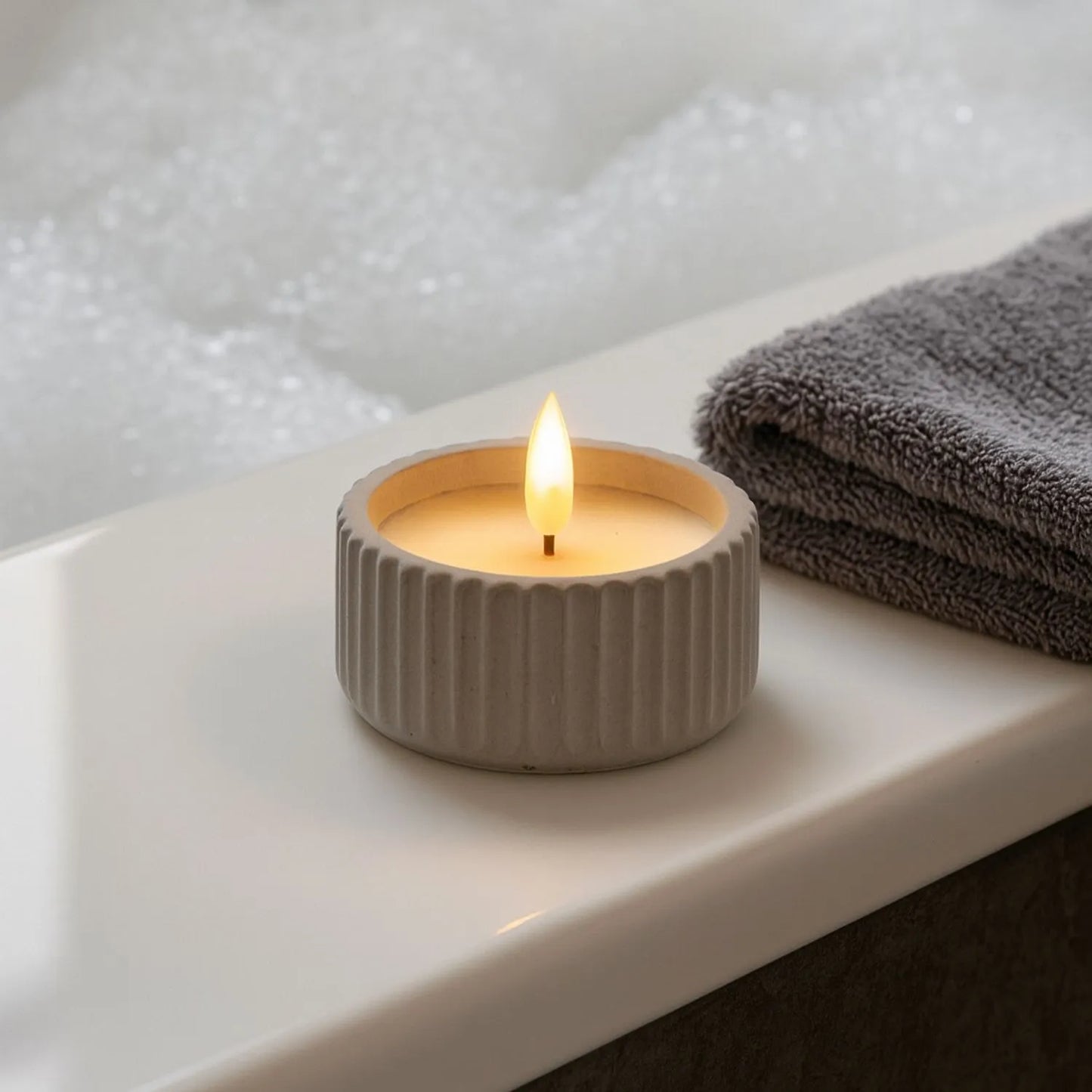 White Real Wax LED Candle In Light Grey Ribbed Concrete Pot With Realistic Flickering Flame – Battery Operated Flameless Decorative Light 5x5x5cm | Click Style