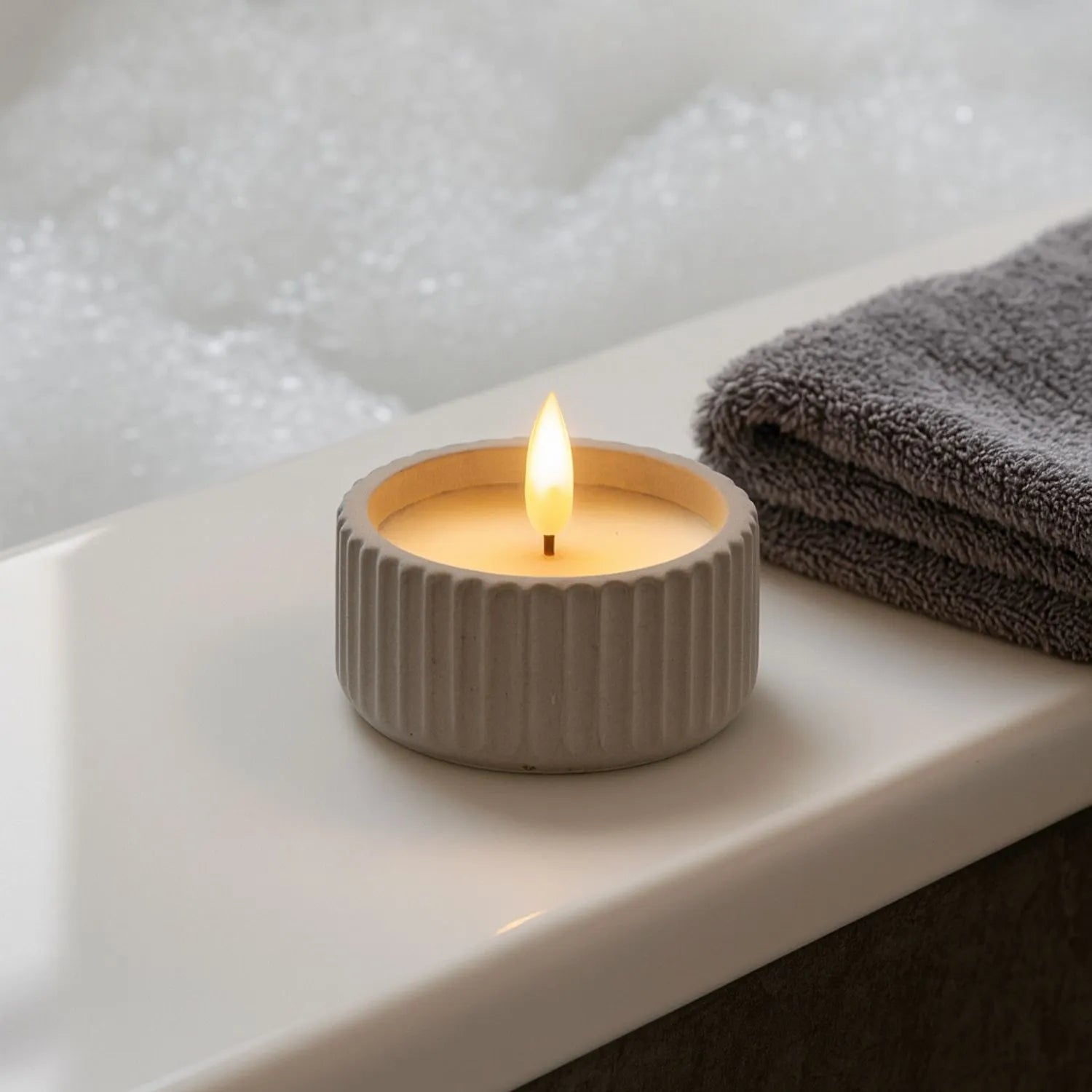 White Real Wax LED Candle In Light Grey Ribbed Concrete Pot With Realistic Flickering Flame – Battery Operated Flameless Decorative Light 5x5x5cm | Click Style