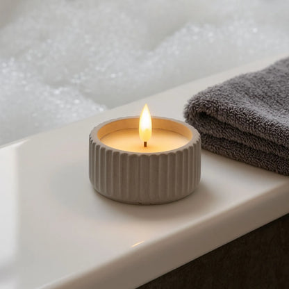 White Real Wax LED Candle In Light Grey Ribbed Concrete Pot With Realistic Flickering Flame – Battery Operated Flameless Decorative Light 5x5x5cm | Click Style