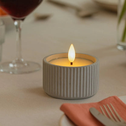 White Real Wax LED Candle In Light Grey Ribbed Concrete Pot With Realistic Flickering Flame – Battery Operated Flameless Decorative Light 5x5x5cm | Click Style